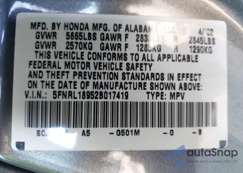 2002 Honda Odyssey Ex-L z USA, uszkodzony, nr VIN 5FNRL18952B017419